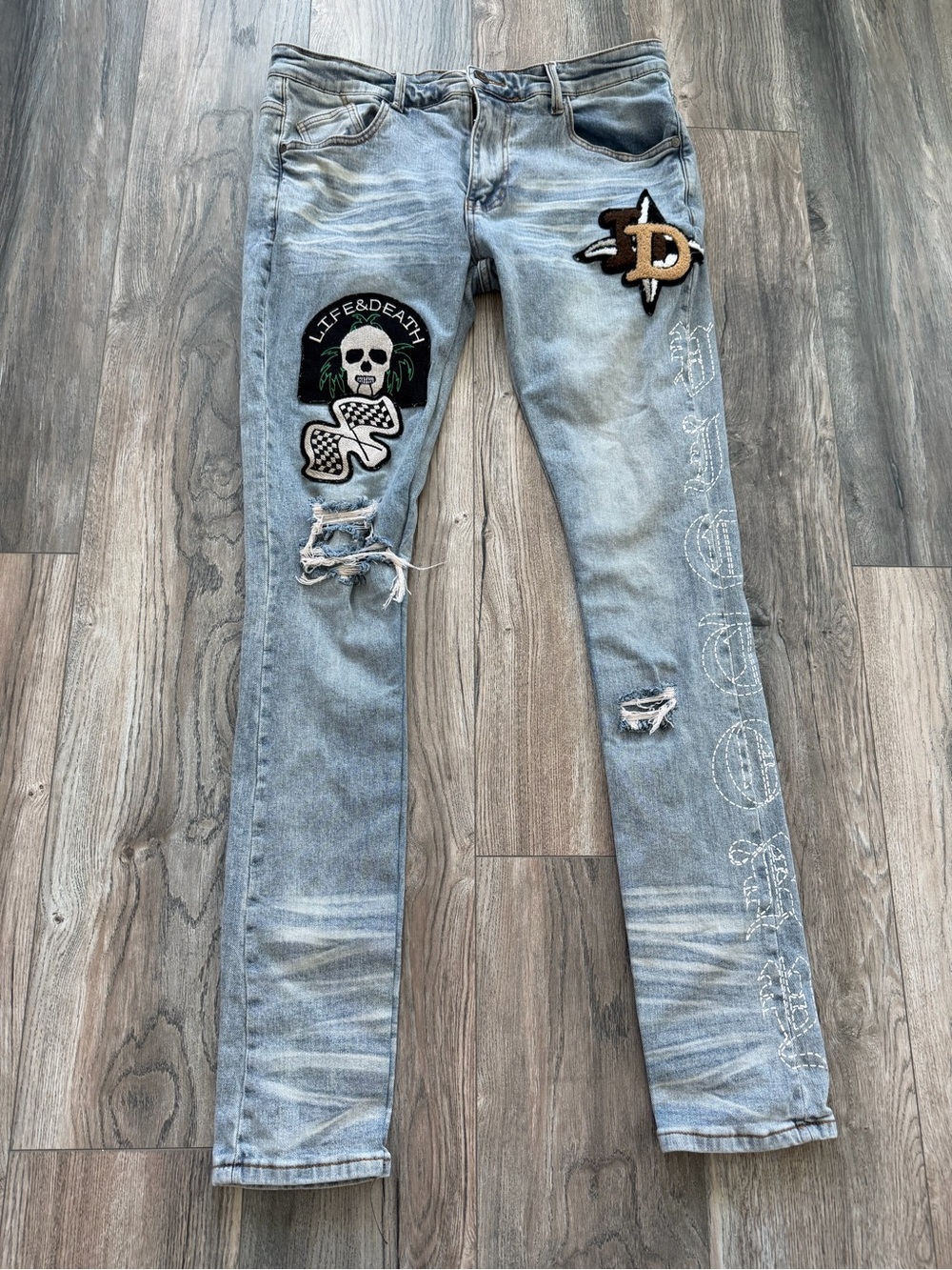 KDNK ‘Patch & Print’ Flared Pants (Blue) Skull Dispatch Mens size 34 L